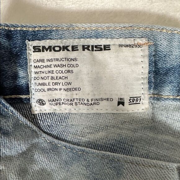 Smoke Rise Graffiti Denim Shorts in a summer blue color. - Picture 3 of 5